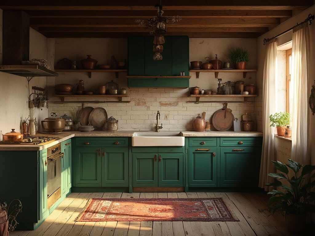"Rustic cottage kitchen with green cabinetry, wooden shelving, brass hardware, and limestone countertops during golden hour"
