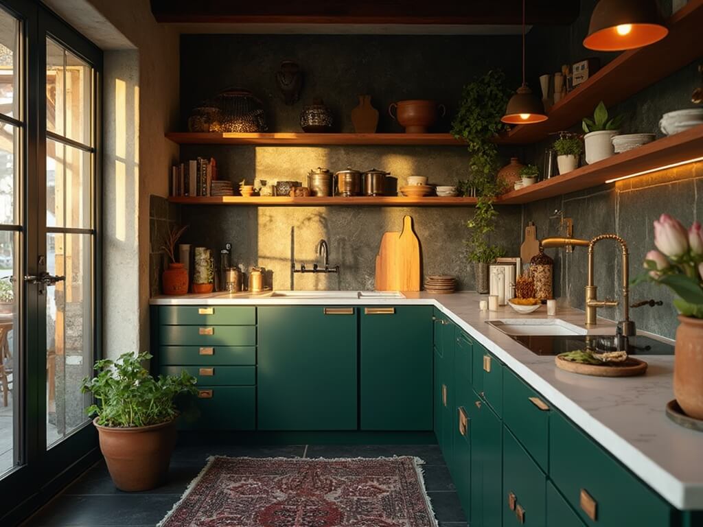 "Cinematic photo of a small, drammatic kitchen featuring green cabinets, white marble countertops, aged brass lights, and vintage decor, bathed in warm, shimmering sunlight."