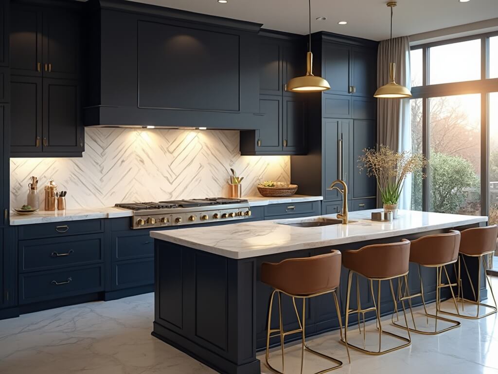 "Modern kitchen with navy blue cabinets, brass hardware, and white quartz countertops illuminated by pendant lights and natural light"