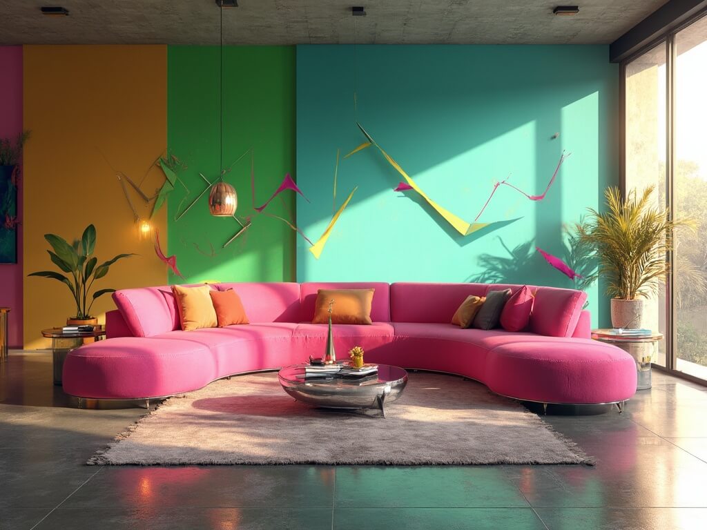 "Postmodern living room with Memphis-style decor, color-blocked walls, and floor-to-ceiling windows during golden hour"