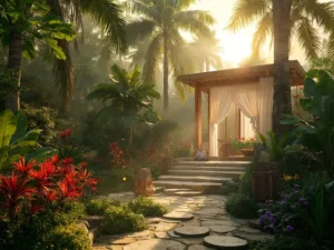 "Tropical Balinese garden at golden hour featuring Foxtail Palms, Bird of Paradise flowers, Monstera deliciosa, stone pathway, teak meditation pavilion, koi pond, and Balinese stone sculptures."