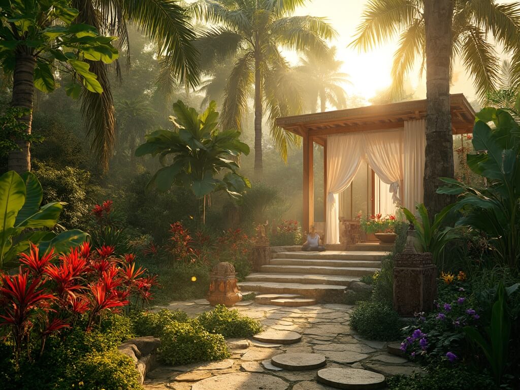 "Tropical Balinese garden at golden hour featuring Foxtail Palms, Bird of Paradise flowers, Monstera deliciosa, stone pathway, teak meditation pavilion, koi pond, and Balinese stone sculptures."