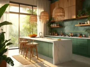 "Tropical kitchen during golden hour with white quartz island, emerald green cabinets, rattan pendant lights, and lush indoor plants"