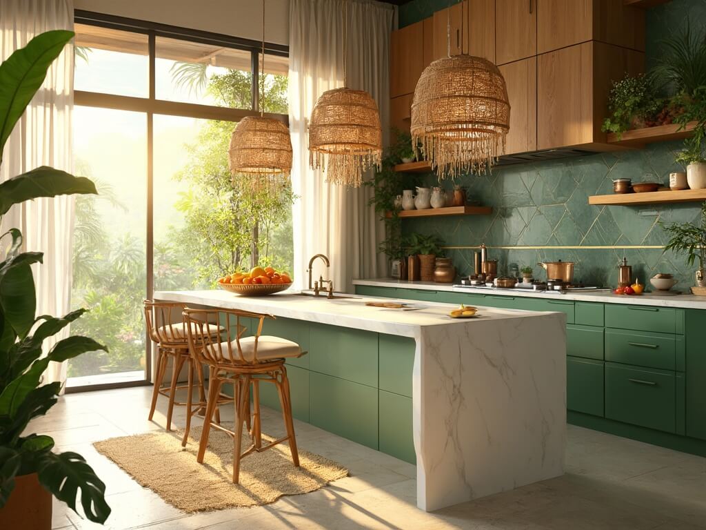 "Tropical kitchen during golden hour with white quartz island, emerald green cabinets, rattan pendant lights, and lush indoor plants"