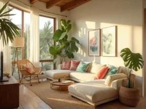 "Tropical living room with natural elements, including wooden beams, lush indoor plants, light wood flooring, and rattan furniture."