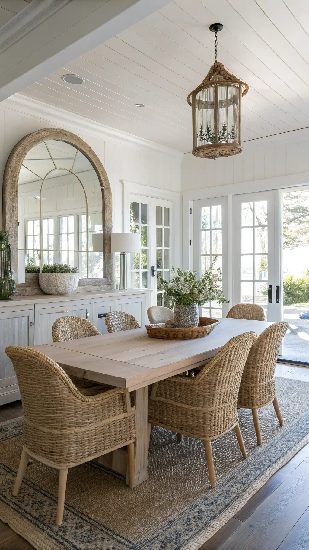 Bright, coastal dining room with bleached oak table, seagrass chairs, arched mirror, vintage glass float centerpiece, and sisal runner, viewed from a 45-degree angle.