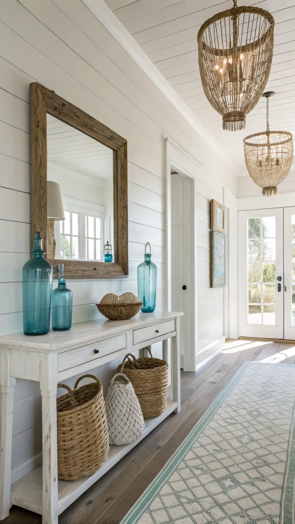 10x12ft coastal entryway with white shiplap walls, driftwood-framed mirror, vintage blue glass bottles on whitewashed console, natural fiber runner, oversized seagrass basket, capiz shell chandelier, shot in bright natural lighting.
