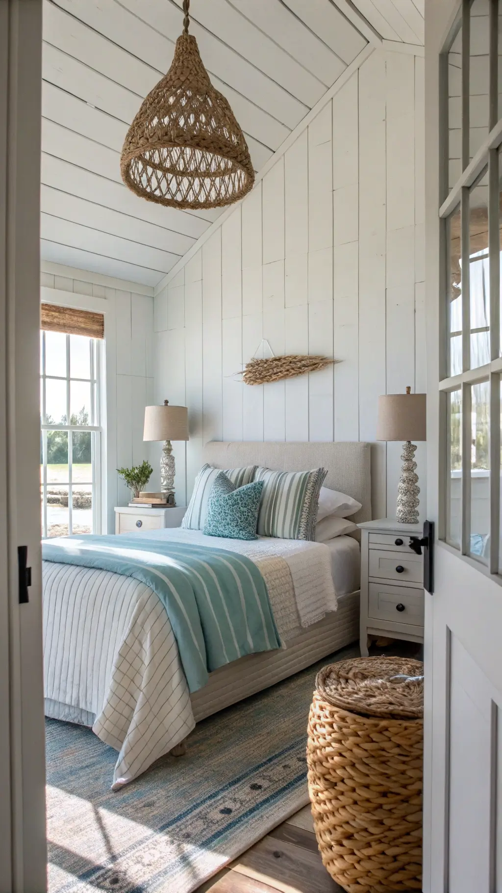 Cozy 12x14ft bedroom with whitewashed shiplap wall, natural linen upholstered headboard, blue and white coastal bedding, rattan pendant light, and weathered nightstands with rope lamps, bathed in soft morning light.