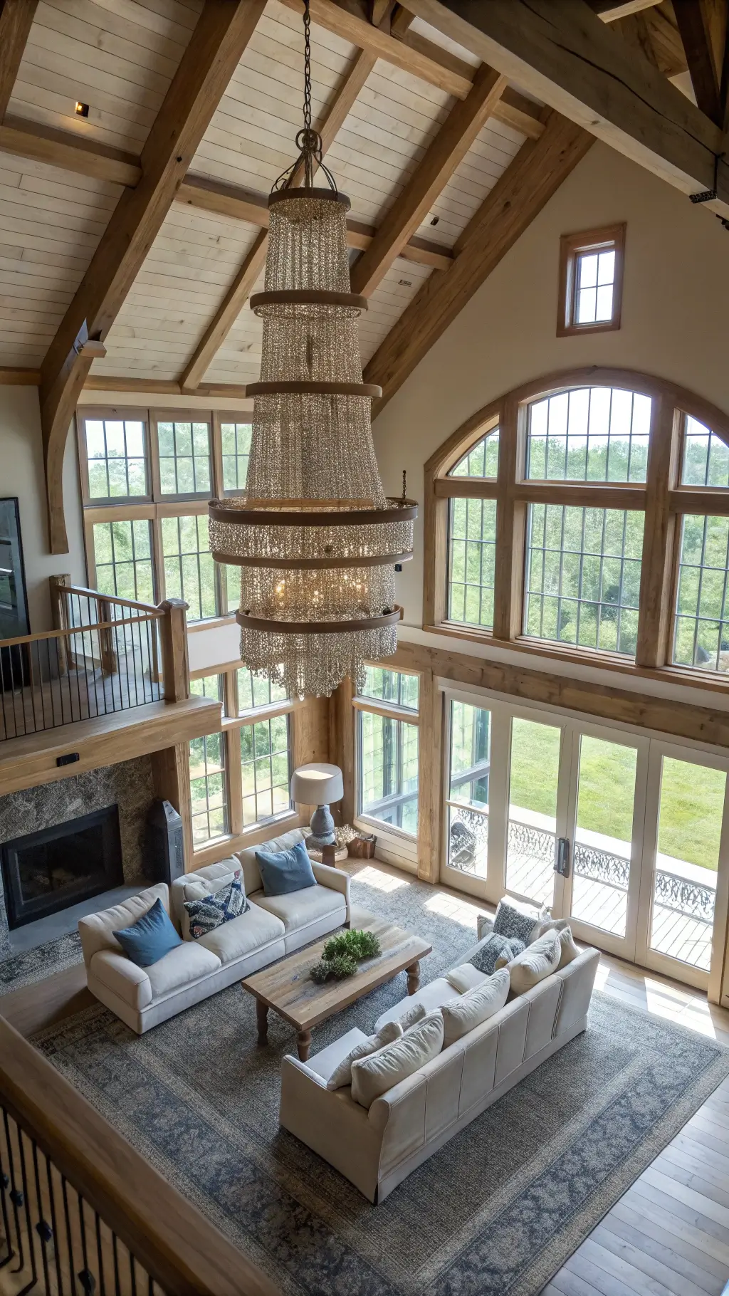 Spacious double-height great room with massive windows, exposed cedar beams, shell chandelier, natural linen slipcovered sofas, driftwood table, rattan chairs and layered rugs, highlighted by golden hour lighting.