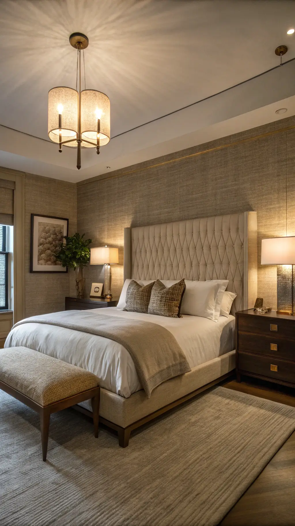 12x14ft primary bedroom at dusk with a platform bed, textured grasscloth wallpaper, brass sconces, vintage oak nightstands, and a Mongolian wool bench.