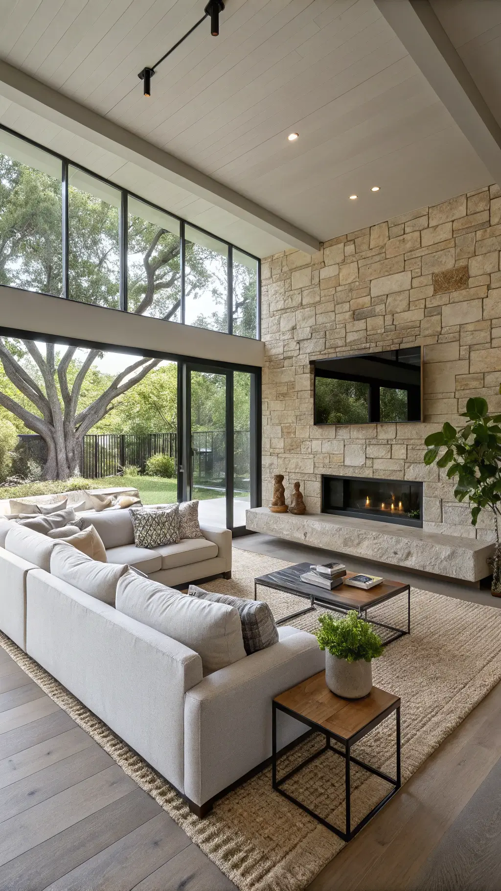 Natural light flooding a contemporary 18x22ft family room with glass doors, a low-profile sectional, stone fireplace, industrial accents, layered rugs, and a fiddle leaf fig in the corner.