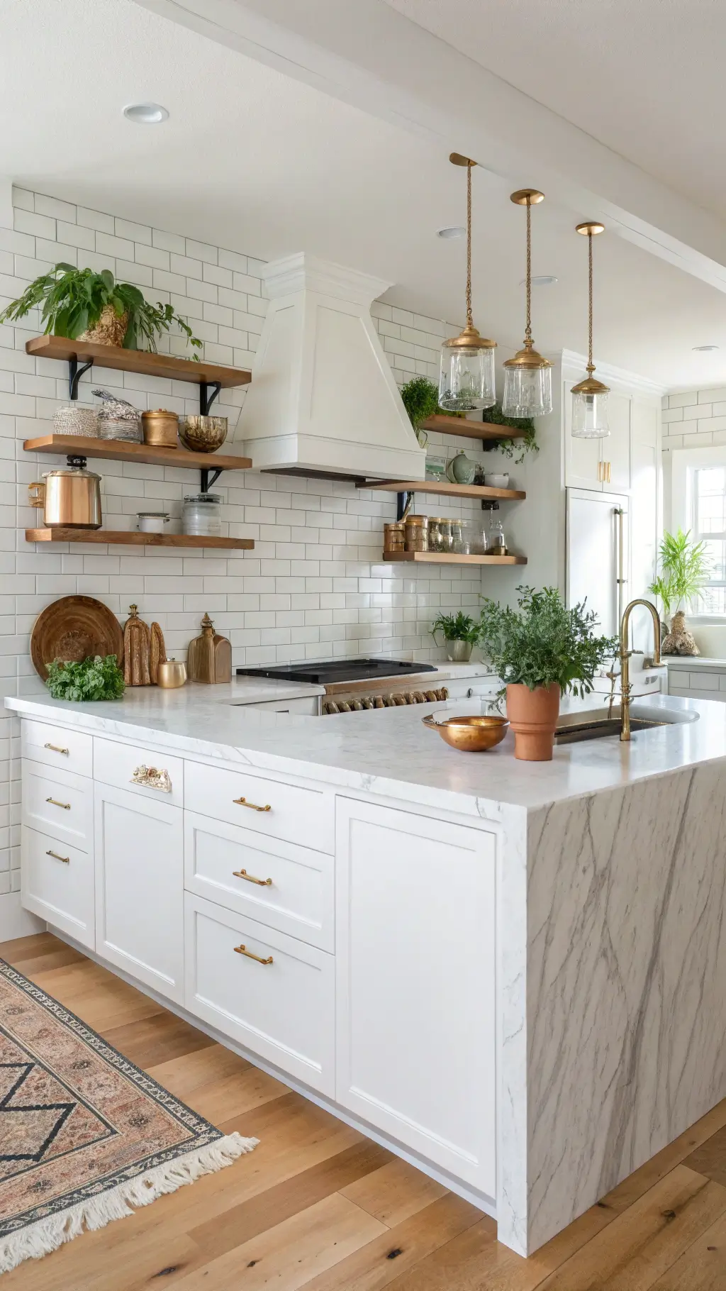 Bright and spacious 16x20ft modern kitchen with marble waterfall island, brass hardware, open shelving displaying copper cookware, and white cabinets with handmade subway tile backsplash, illuminated by morning light. Wide plank oak floors are warmed by a vintage runner, with fresh herbs in terracotta pots adding an organic touch.