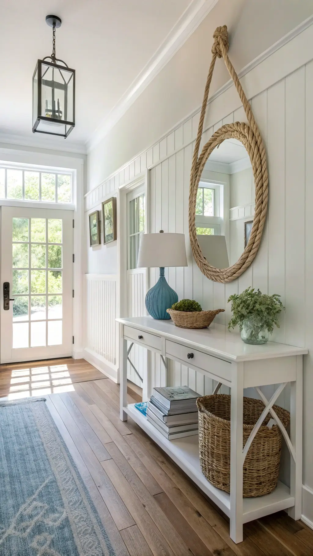Coastal styled foyer with white board and batten walls, blue glass lamp on whitewashed console table, rope-wrapped mirror and woven basket filled with beach blankets, lit by natural afternoon light through transom windows.