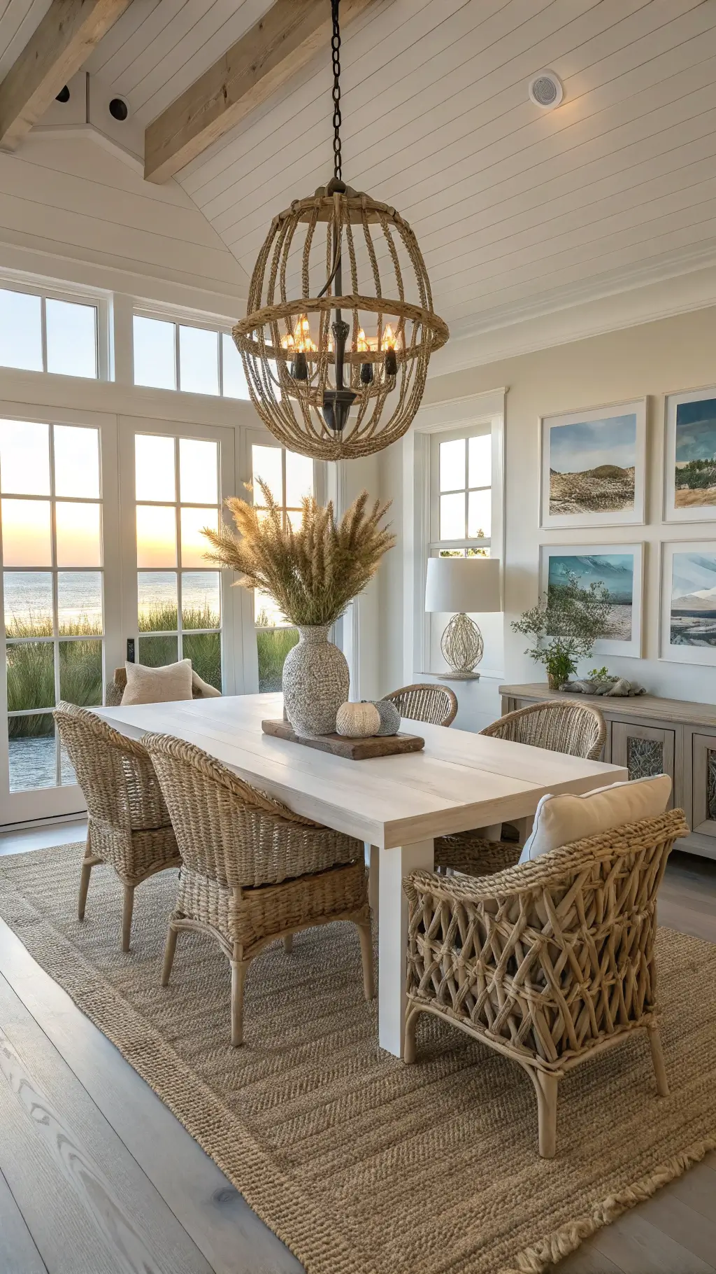 Coastal themed dining space with whitewashed oak table, rattan chairs, rope chandelier, and surrounding gallery wall during golden hour.