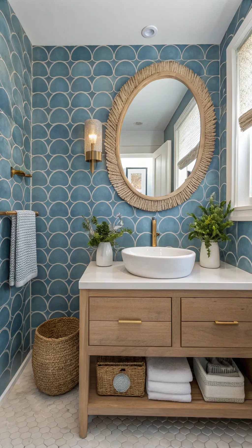 Coastal-themed 8x10ft powder room with blue wave pattern tiles, textured grasscloth, bleached wood vanity, brass fixtures, and capiz shell mirror.
