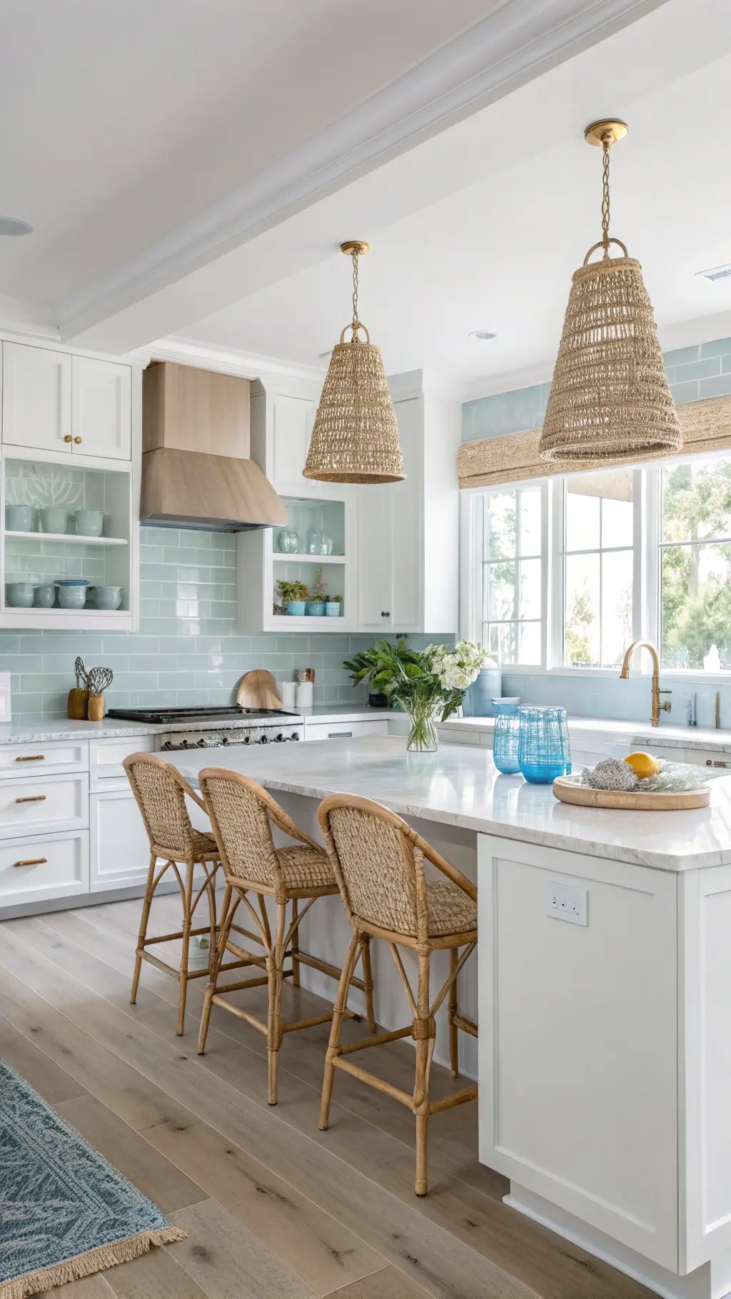 Bright and airy 14x16ft kitchen with white shaker cabinets, blue subway tile backsplash, quartzite counters, rattan pendant lights over marble island, open shelves with pottery and glassware, and woven bar stools.