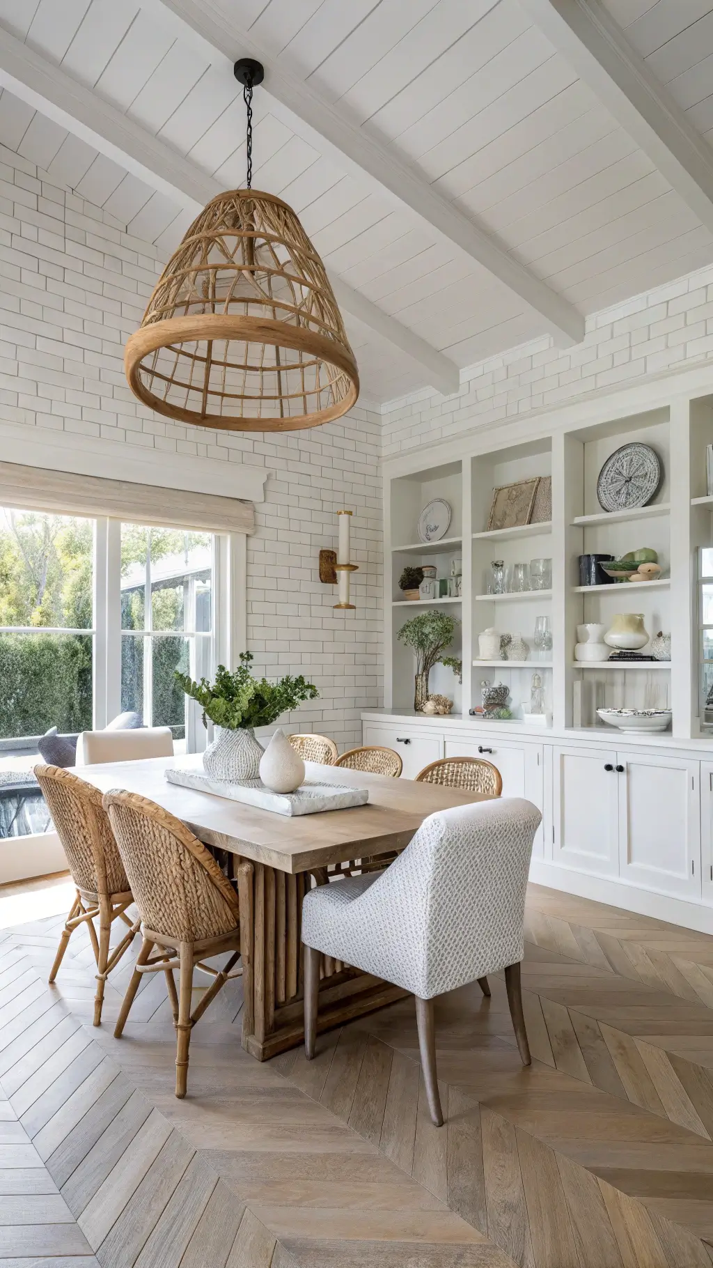 Modern coastal dining space with contrasting white brick walls and pale oak herringbone floors, featuring a large reclaimed teak table, cane-backed chairs, and striking woven pendant light, with built-in shelving showcasing white ceramics and coral.