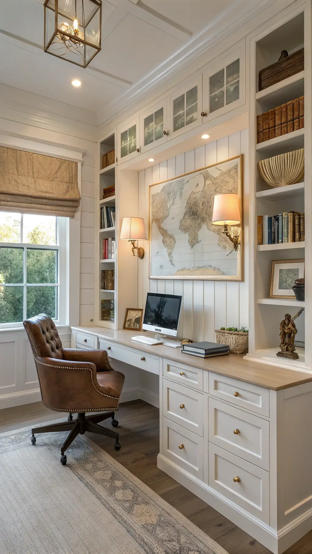 Coastal style home office with built-in bookcases, brass library lights, whitewashed oak desk and leather chair, linen roman shades, wainscoting with sea grass wallpaper, and vintage nautical map accent wall.