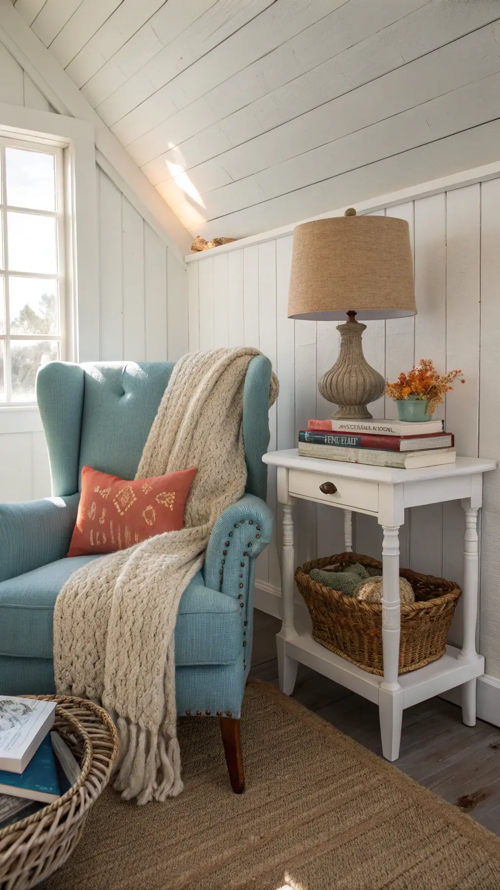 Cozy coastal reading nook with a blue wingback chair, white shiplap walls, oatmeal chunky knit throw, white side table with books and coral, a ceramic lamp, seagrass basket with blankets, and dramatic window light shadows on textured wallpaper.