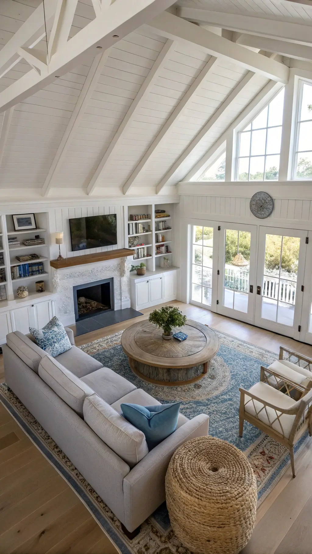 Bright, open-concept beach house living room with high vaulted ceilings, grey sofas, rustic rattan coffee table, elegant Persian rugs, coastal artifacts, and sunlit French doors