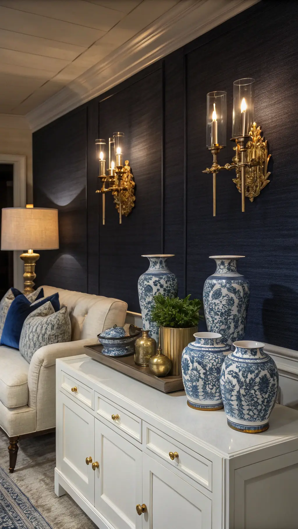 Elegant coastal den with navy grasscloth wallpaper, vintage brass sconces, cream furniture, silk velvet pillows, and a whitewashed console adorned with chinoiserie and brass accessories, captured under warm golden hour lighting
