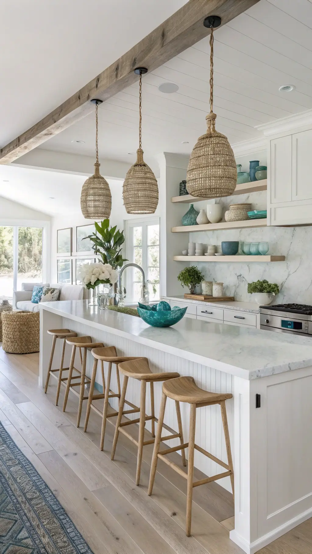 Coastal farmhouse kitchen-living room with white oak shelves, marble island with linen barstools, and rope pendant lights