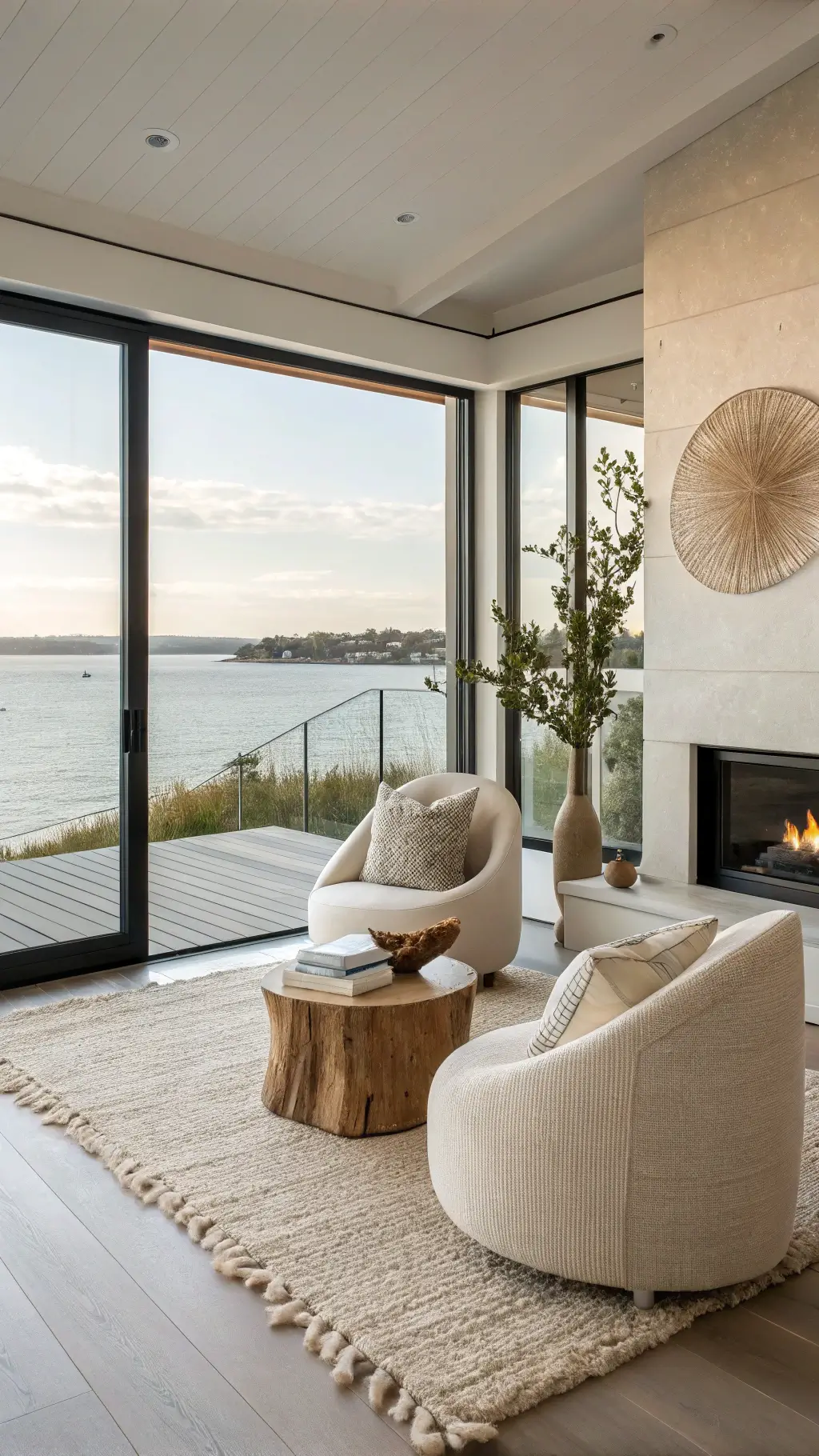 Minimalist coastal bedroom with floor-to-ceiling windows offering water views, cream bouclé chairs, limestone fireplace, mohair throws, handwoven pillows, a wool area rug, and a driftwood sculpture, bathed in afternoon light