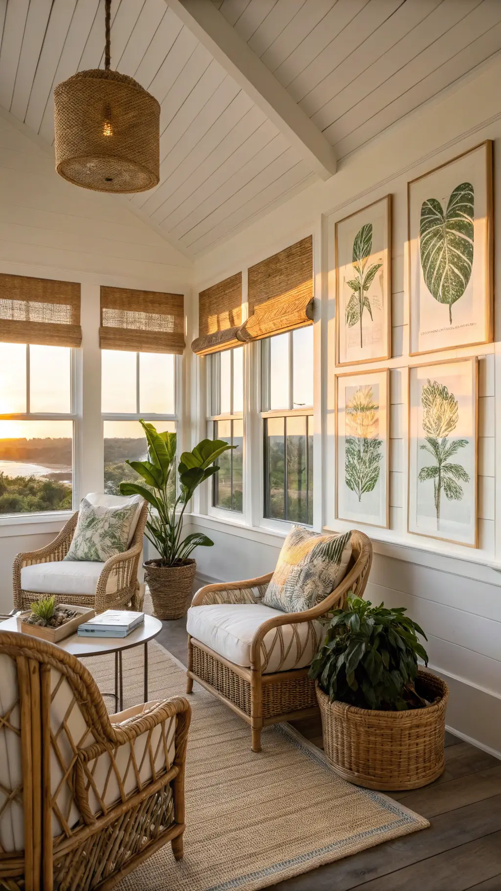 Coastal sunroom with vintage and modern seating, botanical prints on walls and fiddle leaf fig against windows at sunset