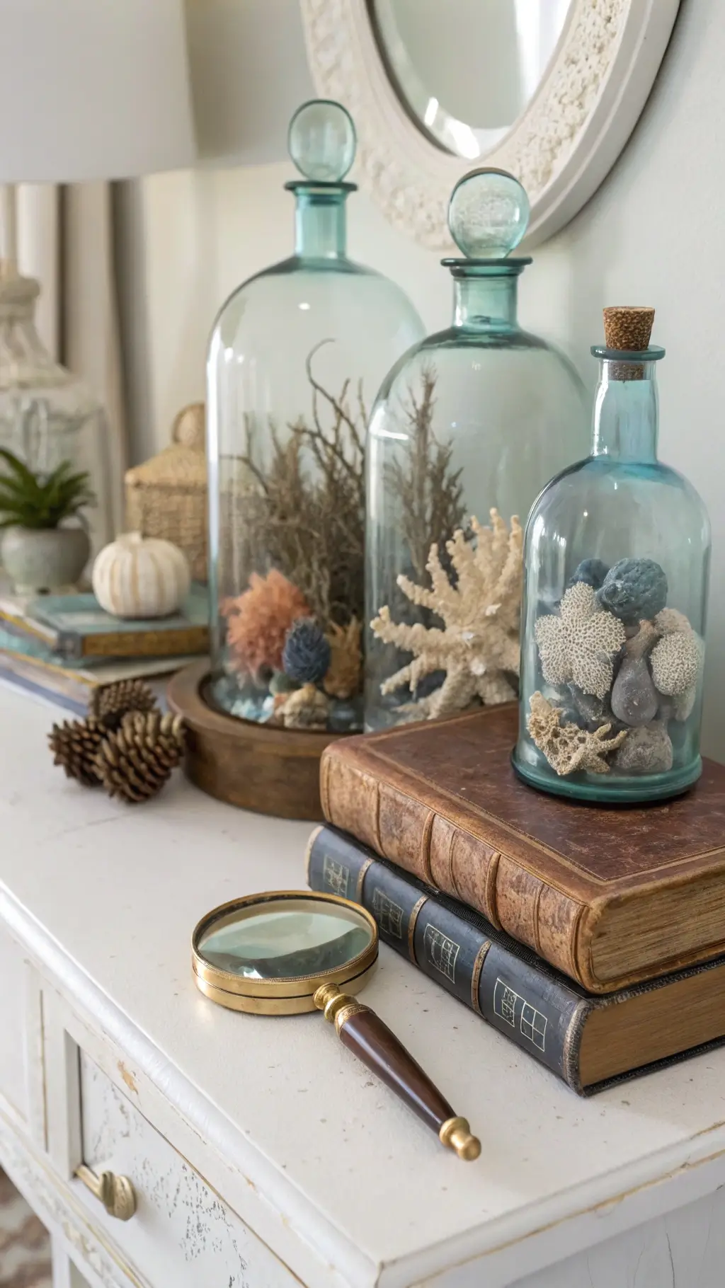 Vintage coral specimens under glass cloches, blue glass bottles and leather-bound books with brass magnifying glass on a whitewashed console table in morning light
