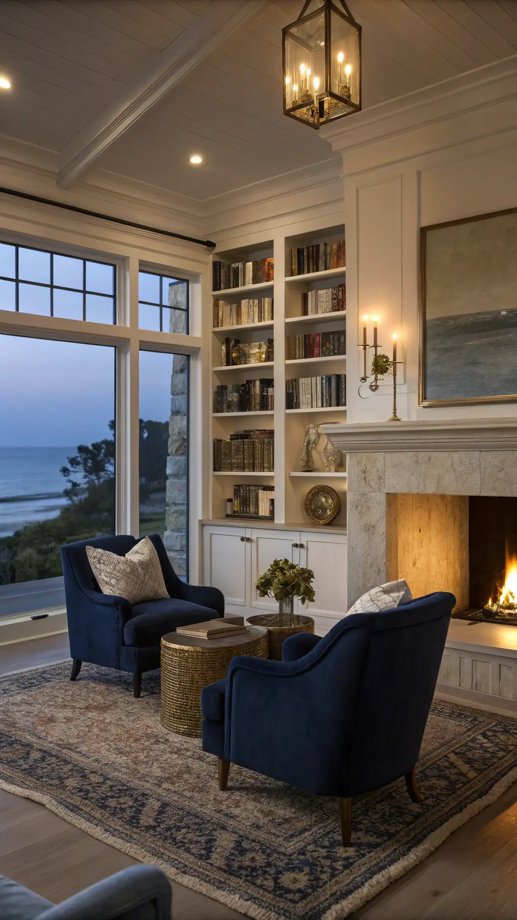 Dramatic twilight scene of coastal living room with limestone fireplace, brass library lights, white ceramics, vintage books, and navy velvet armchairs