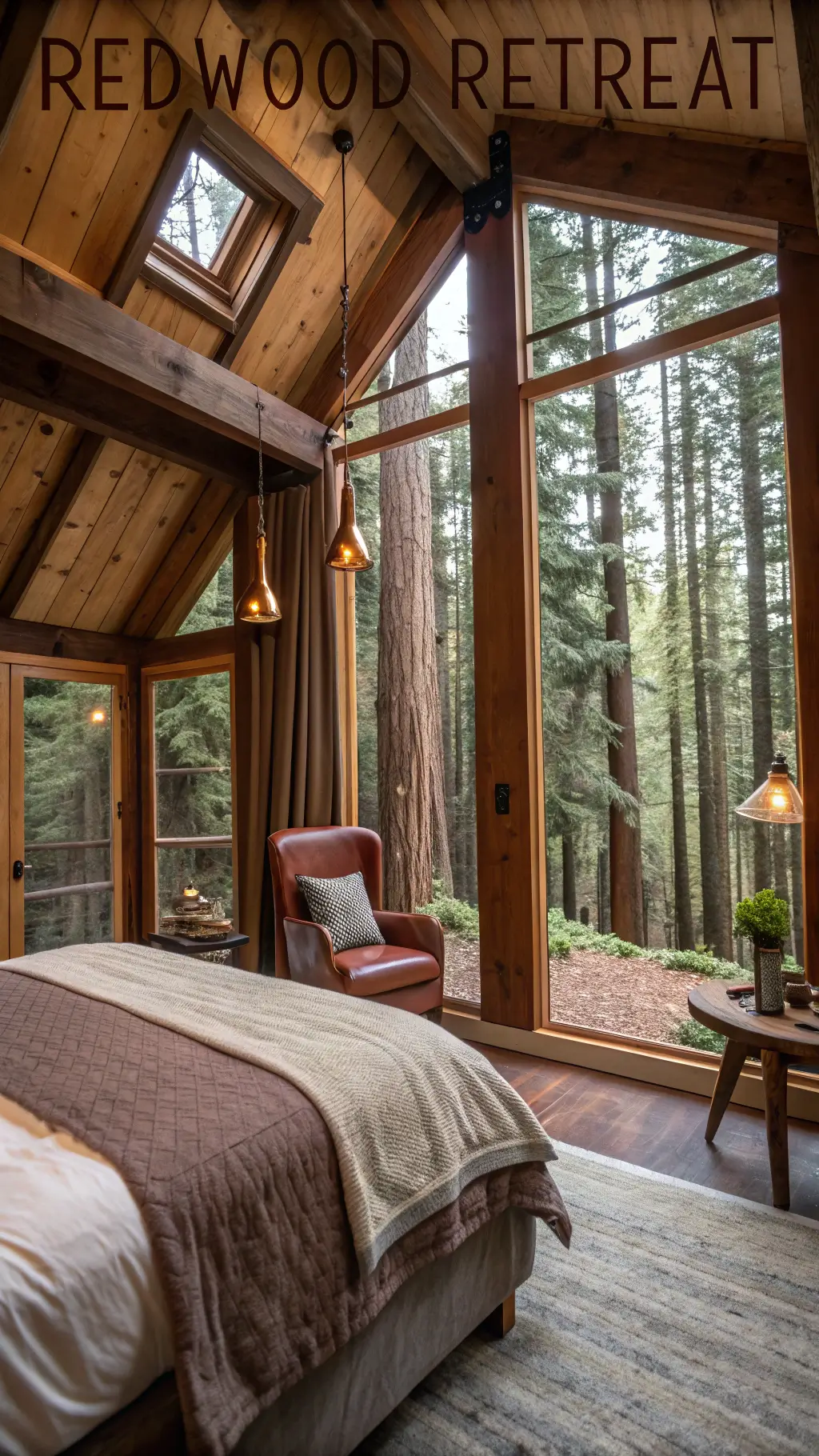 Rustic cabin bedroom with king bed, leather reading chair, and copper pendant lights, surrounded by panoramic windows with views of towering redwoods.
