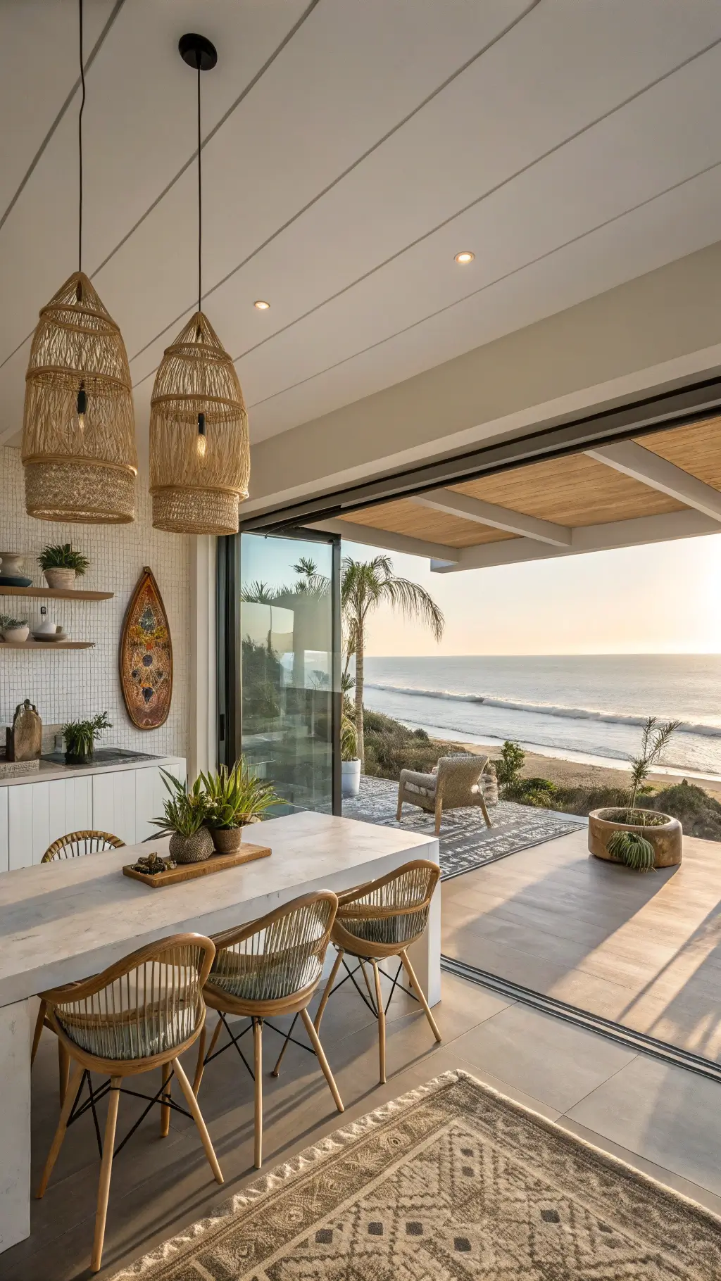 Bohemian-style beach house kitchen and dining area with retractable glass walls, handmade cement tiles, rattan pendant lights, a live-edge table, macramé wall hangings, and surfboard wall art, includes view towards Malibu beach in late afternoon light.