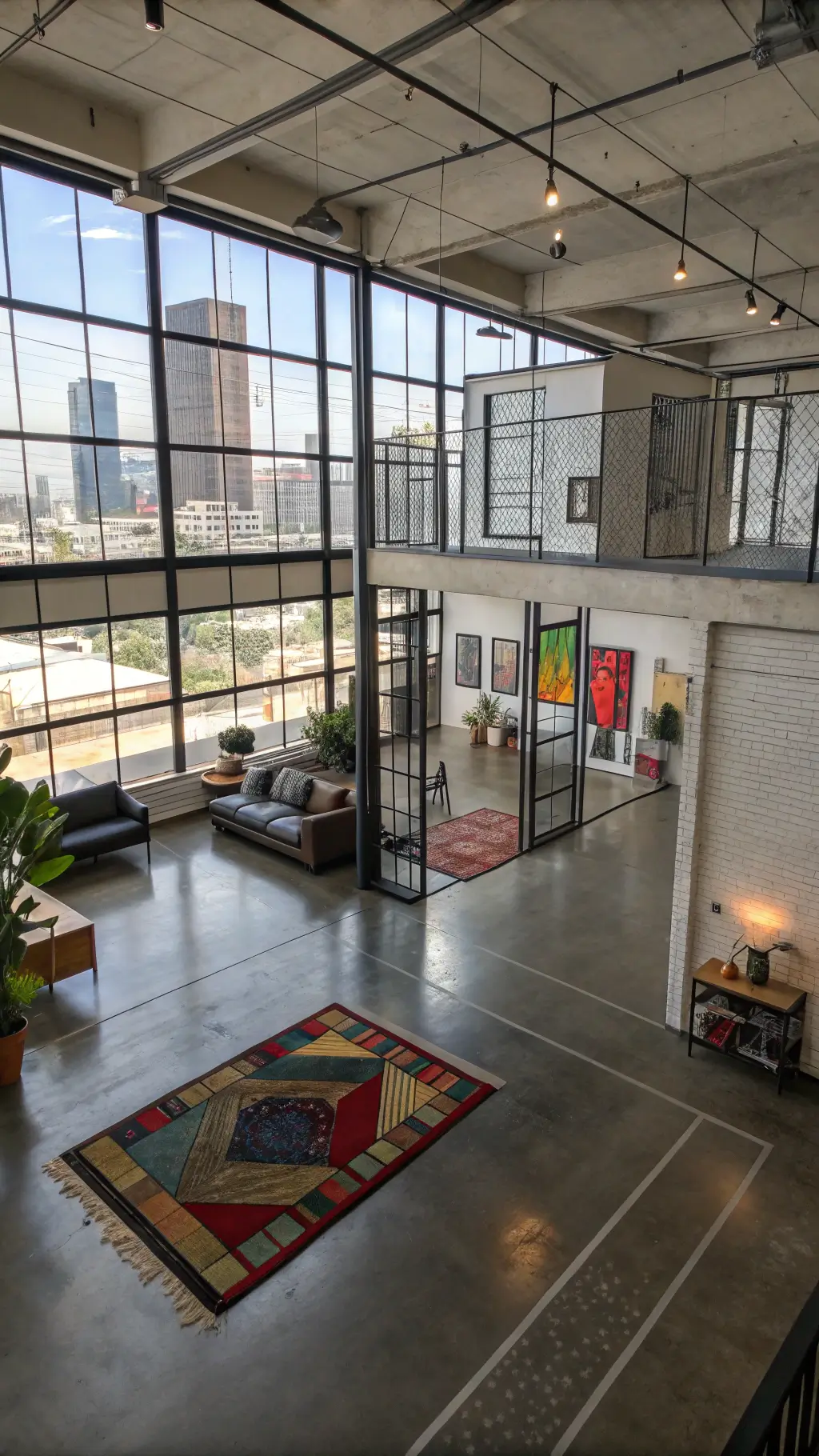 High-angle view of a 30x40ft urban loft in downtown LA, showcasing polished concrete floors, industrial windows, mid-century modern furniture, abstract art gallery, hanging garden, metal and glass room dividers, and geometric area rugs with dramatic city light streaming in. The color palette is primarily gray and black with pops of primary colors.
