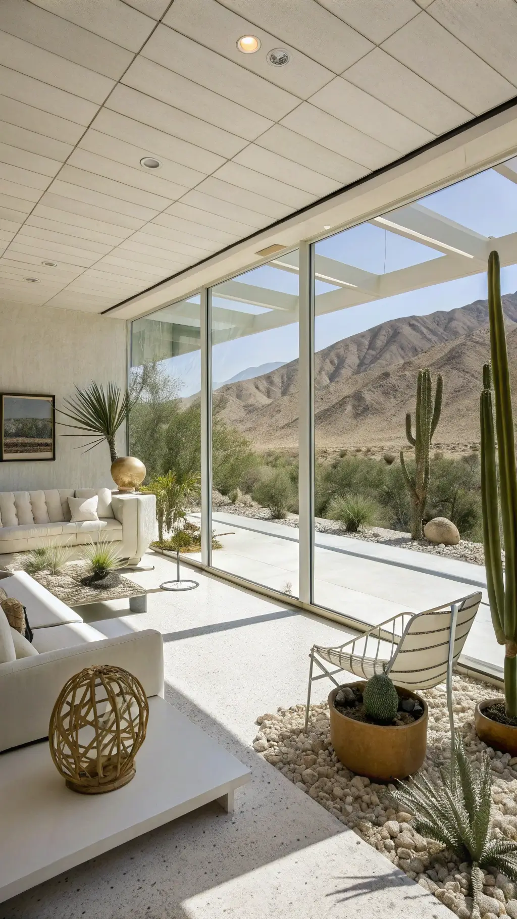 Palm Springs desert modernist living room featuring white terrazzo floors, iconic modernist furniture, a brass geometric sculpture, and cacti in minimalist planters, with a stunning desert landscape view through a wall of glass, all bathed in a harsh midday light casting bold shadows.