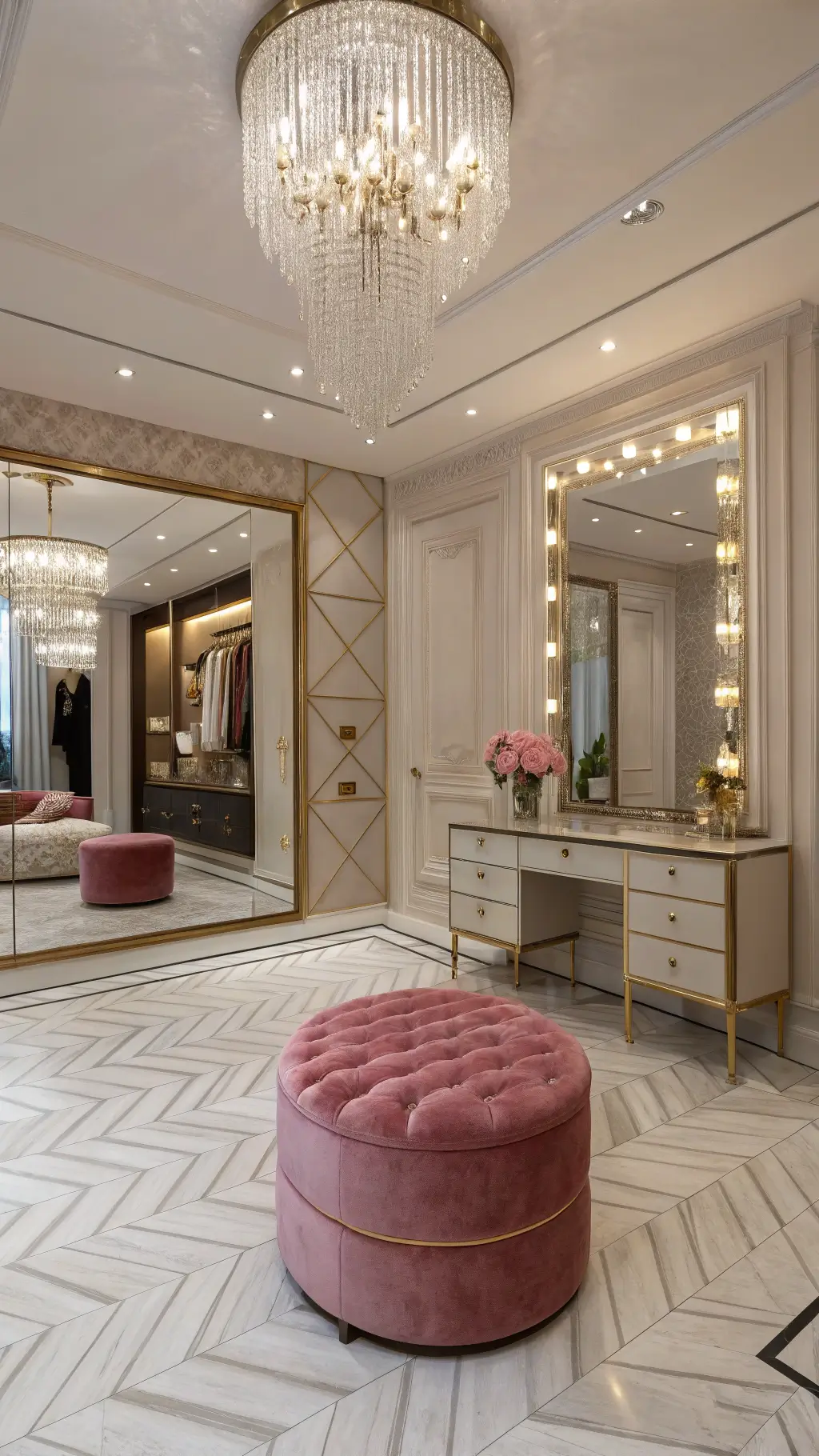 Luxurious Hollywood glamour inspired 16x20ft dressing room featuring marble herringbone floors, mirrored walls, blush pink velvet ottoman, crystal chandelier, built-in vanity, and floor-length oval mirror with art deco details and gold and crystal accents, shot from a low camera angle with soft diffused lighting.