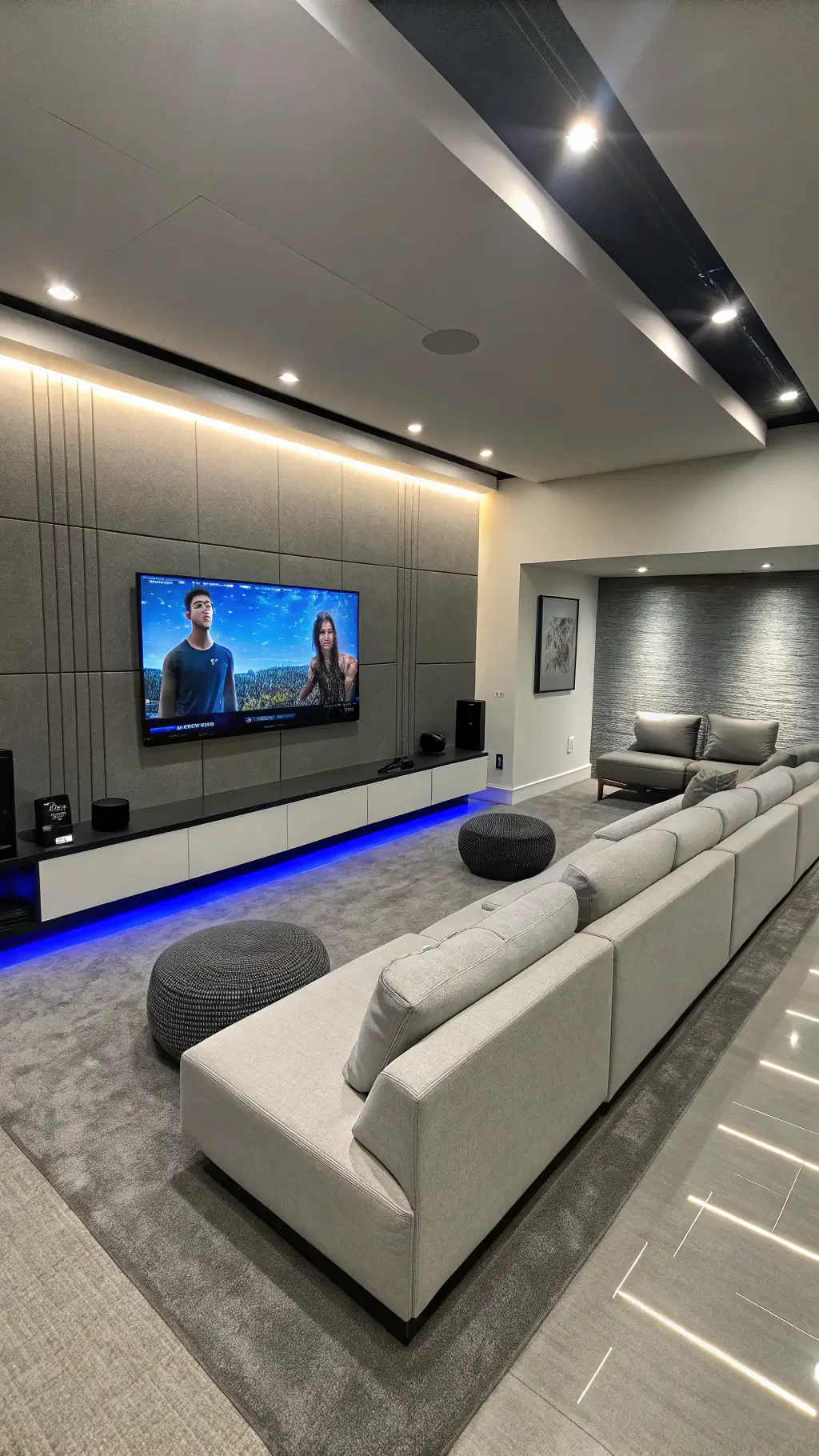 Ultra-modern 20x25ft Silicon Valley smart home media room with integrated tech, floating entertainment unit, modular seating, and automated lighting system, styled with minimalist Japanese decor in monochromatic grays with electric blue accents.