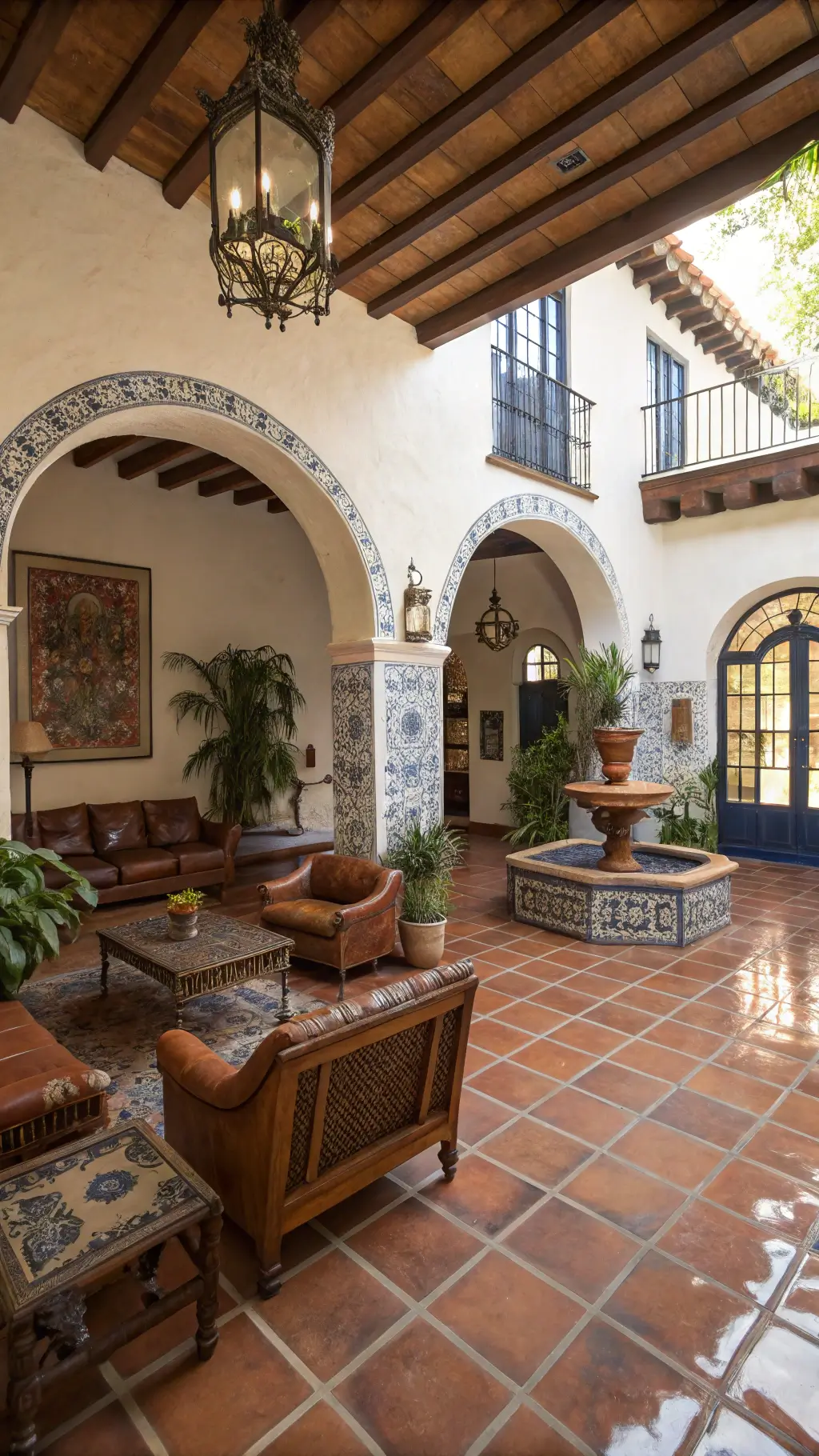 Spanish colonial Santa Barbara hacienda living room with terracotta floors, hand-painted tiles, wrought iron fixtures, leather and wood furniture, and an indoor fountain, bathed in morning light creating dappled effects through a pergola.