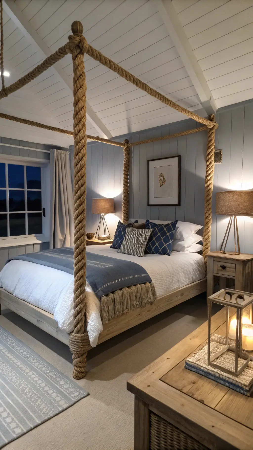 Low-angle view of a spacious bedroom at dusk featuring a large, rope-wrapped, bleached oak bed frame against pale blue-gray walls, adorned with white linen and multi-shade blue throws and pillows, lit by soft lamps.