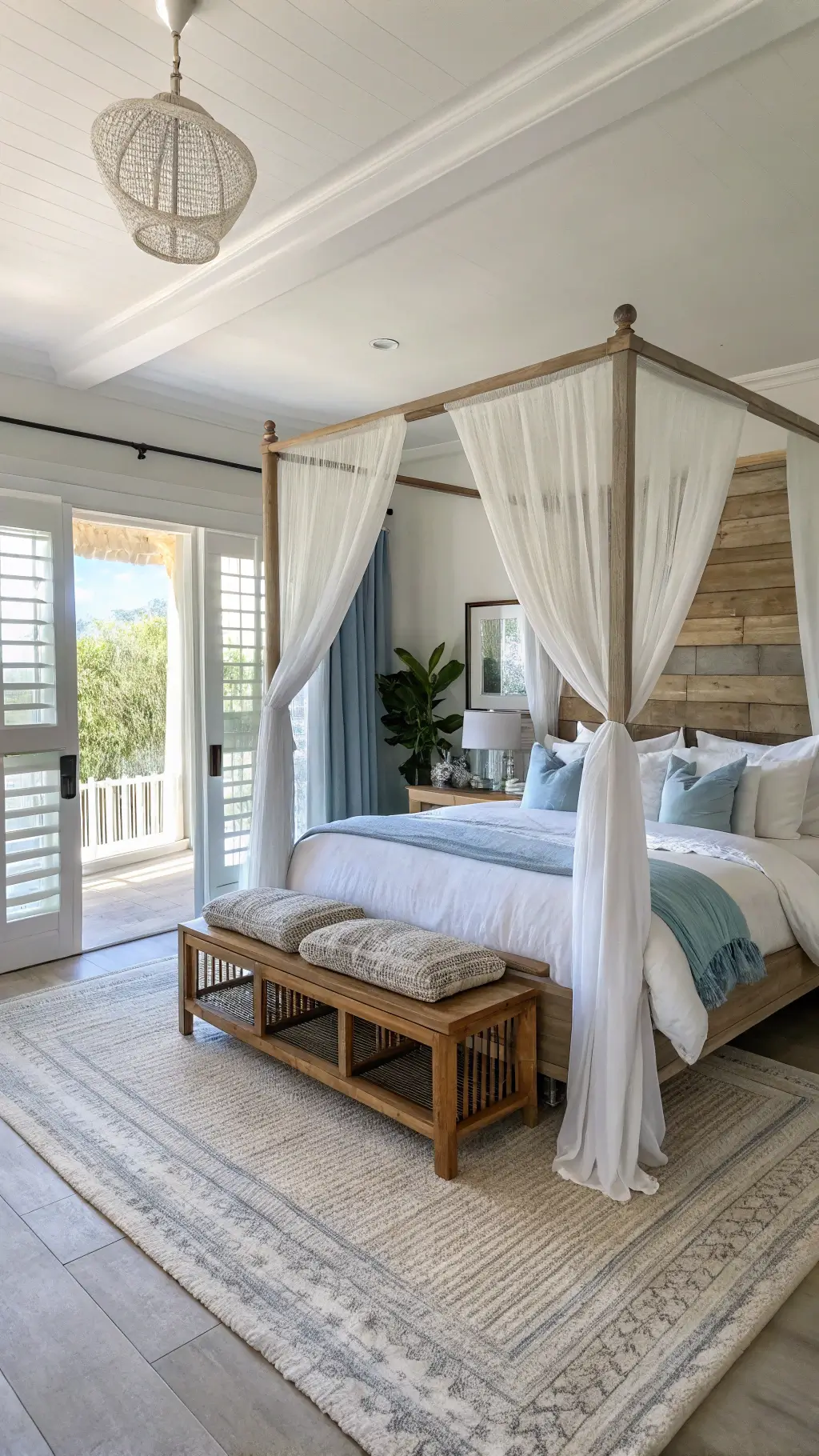 Primary bedroom with a white oak canopy bed and seagrass chairs, bathed in morning light through plantation shutters.