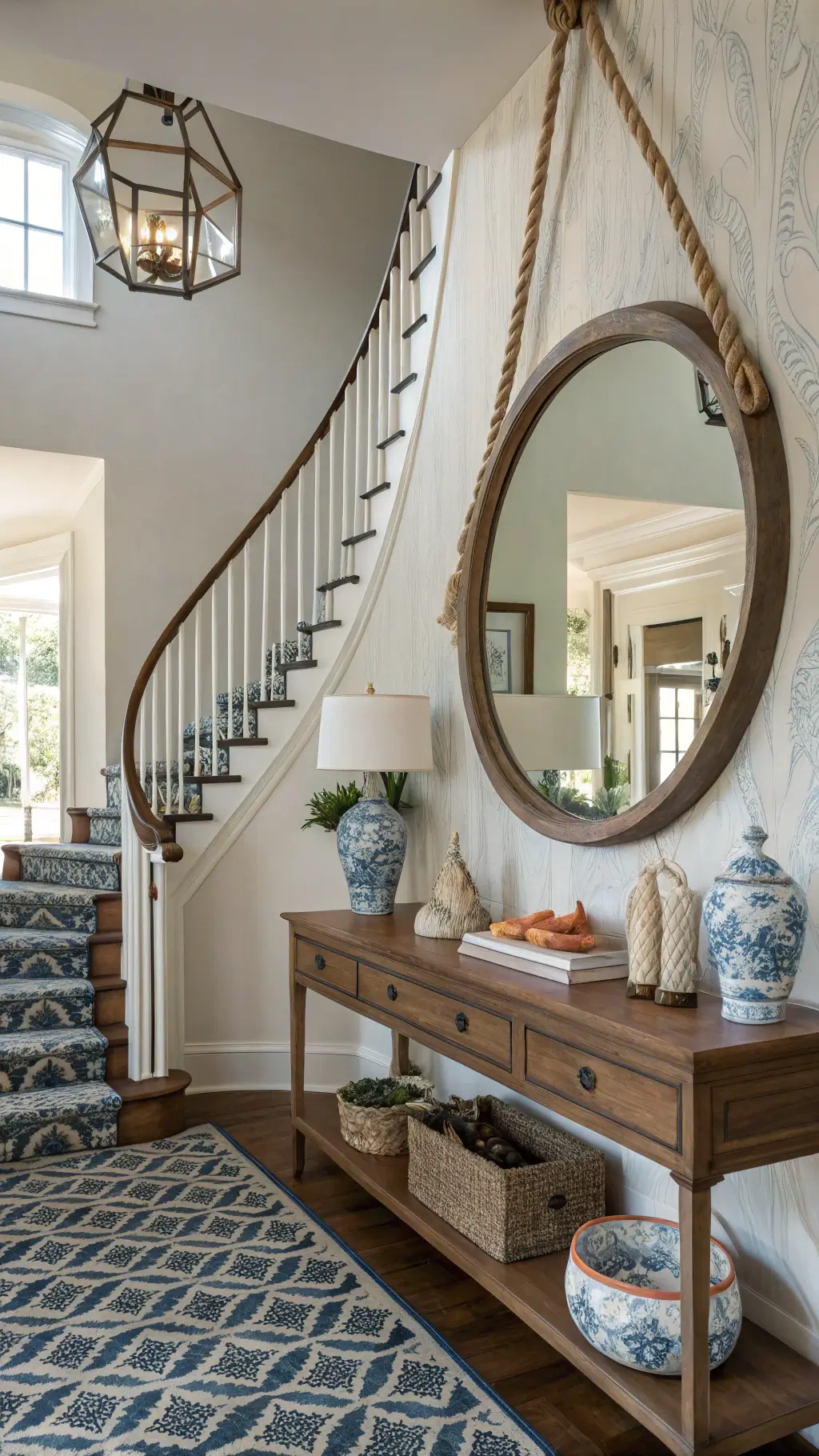 Eclectic entryway with curved staircase, oversized round mirror, console table with vintage decor, and vintage runners in faded indigo patterns.