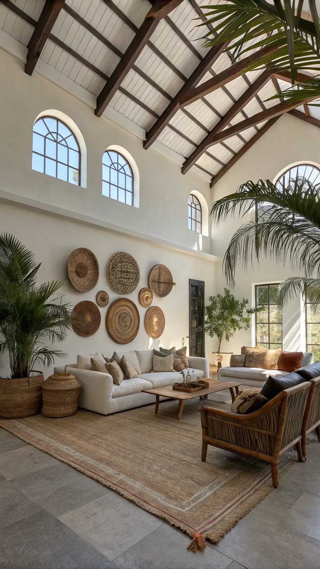 Spacious 18x22ft great room with vaulted ceilings, large sectional sofa, vintage leather chairs, woven basket wall decor, and afternoon light casting shadows through potted palms.