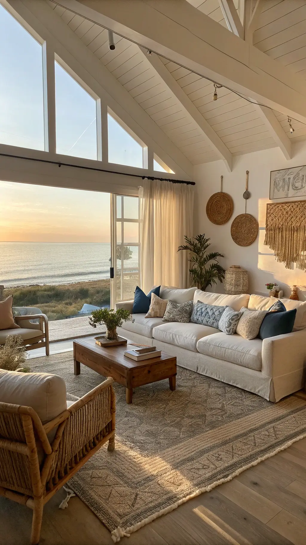Sunlit coastal living room with high ceilings, large window bay with sheer curtains, cream sectional sofa, rattan accent chairs, and bleached wood coffee table on a jute rug. Room adorned with macrame wall hanging, ceramic vessels and arranged driftwood.