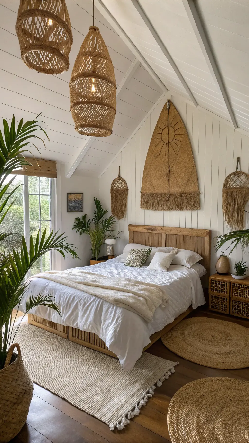 Boho-style bedroom sanctuary with vaulted ceiling, sunlight through bamboo shades, platform bed with white linen, potted palms, rattan headboard, hanging pendant lights, seagrass baskets, vintage surfboard wall art and shell collections.