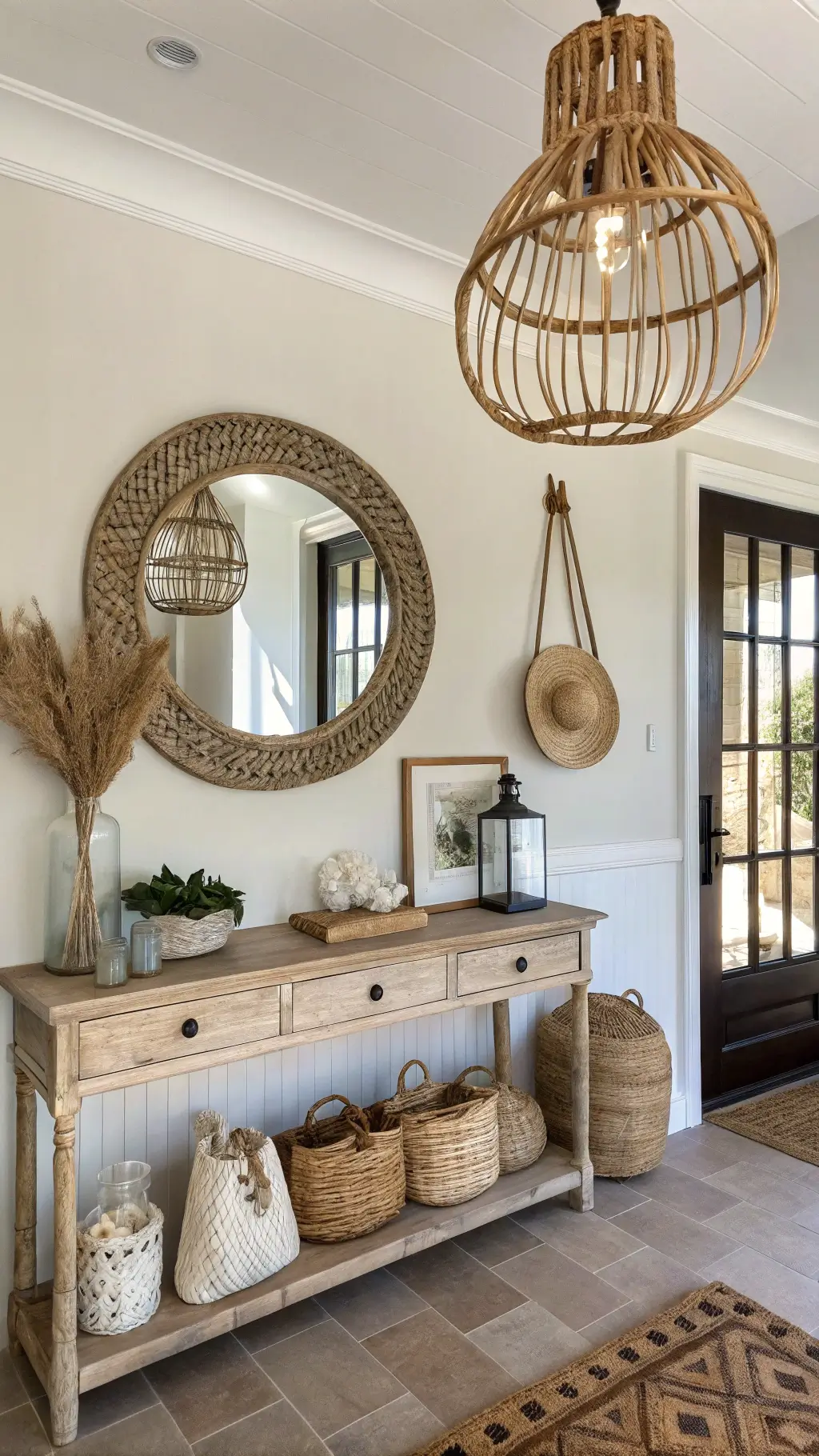 Bohemian-style entryway with afternoon light casting geometric shadows through a rattan pendant, vintage console table with shell displays, oversized circular mirror with rope detail, and beach accessories as decor.