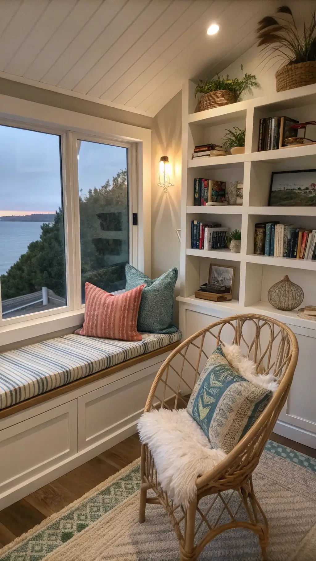 Serene reading corner at dusk with striped window seat cushions, handwoven pillows, rattan peacock chair, floating shelves with books and coral specimens