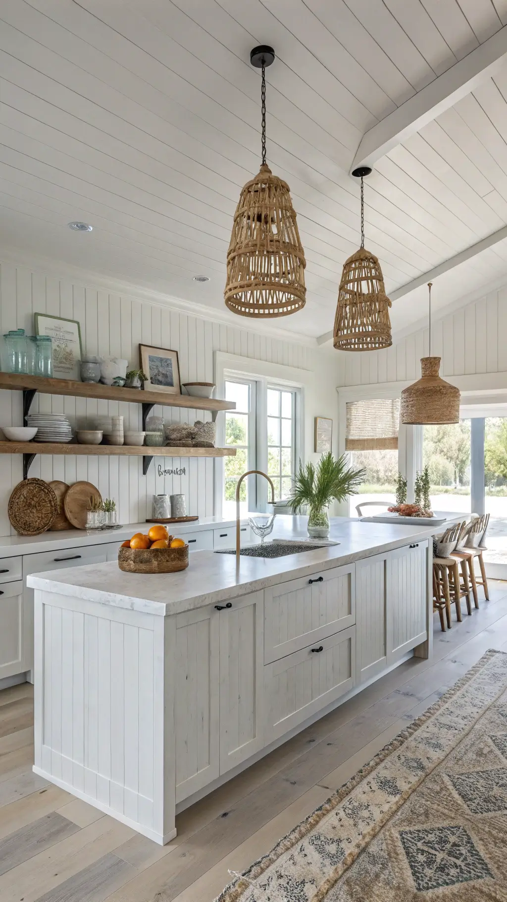 Open-concept coastal kitchen with white shiplap walls, concrete counters, and open shelving displaying artisanal ceramics. Woven pendant lights hang over the island, and a natural fiber runner lies on bleached wood floors.