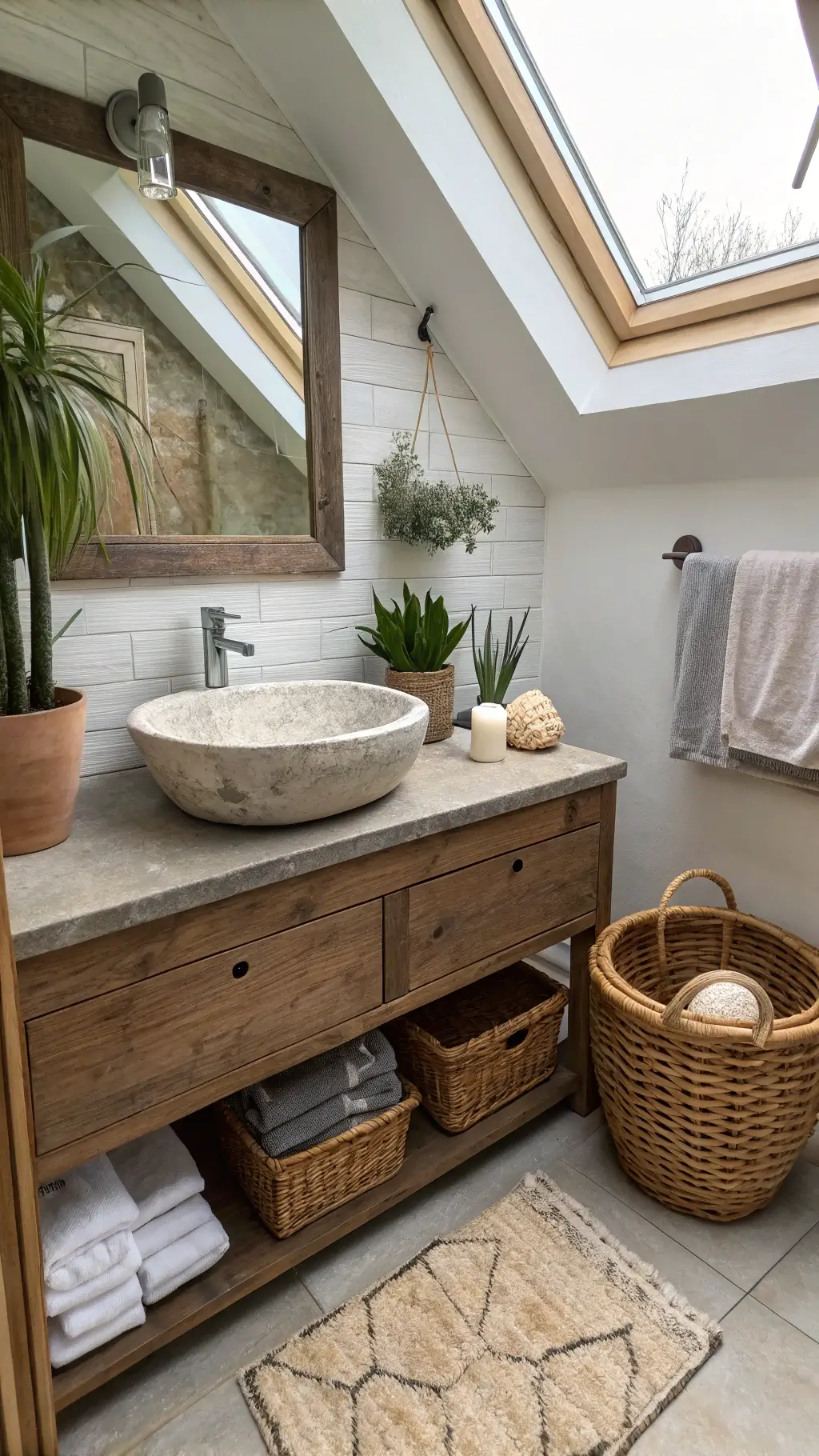 Spacious 8x10ft bathroom with skylight, floating weathered teak vanity topped with a concrete vessel sink, woven hamper, Turkish towels, shell-adorned mirror and well-placed potted succulents and air plants.