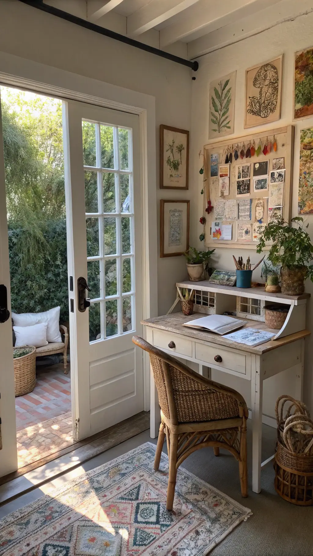 Artist's Home Office featuring a vintage desk, ceramic vessels, woven wall tapestry, inspiration board, rattan chair, and French doors leading to garden in soft morning light