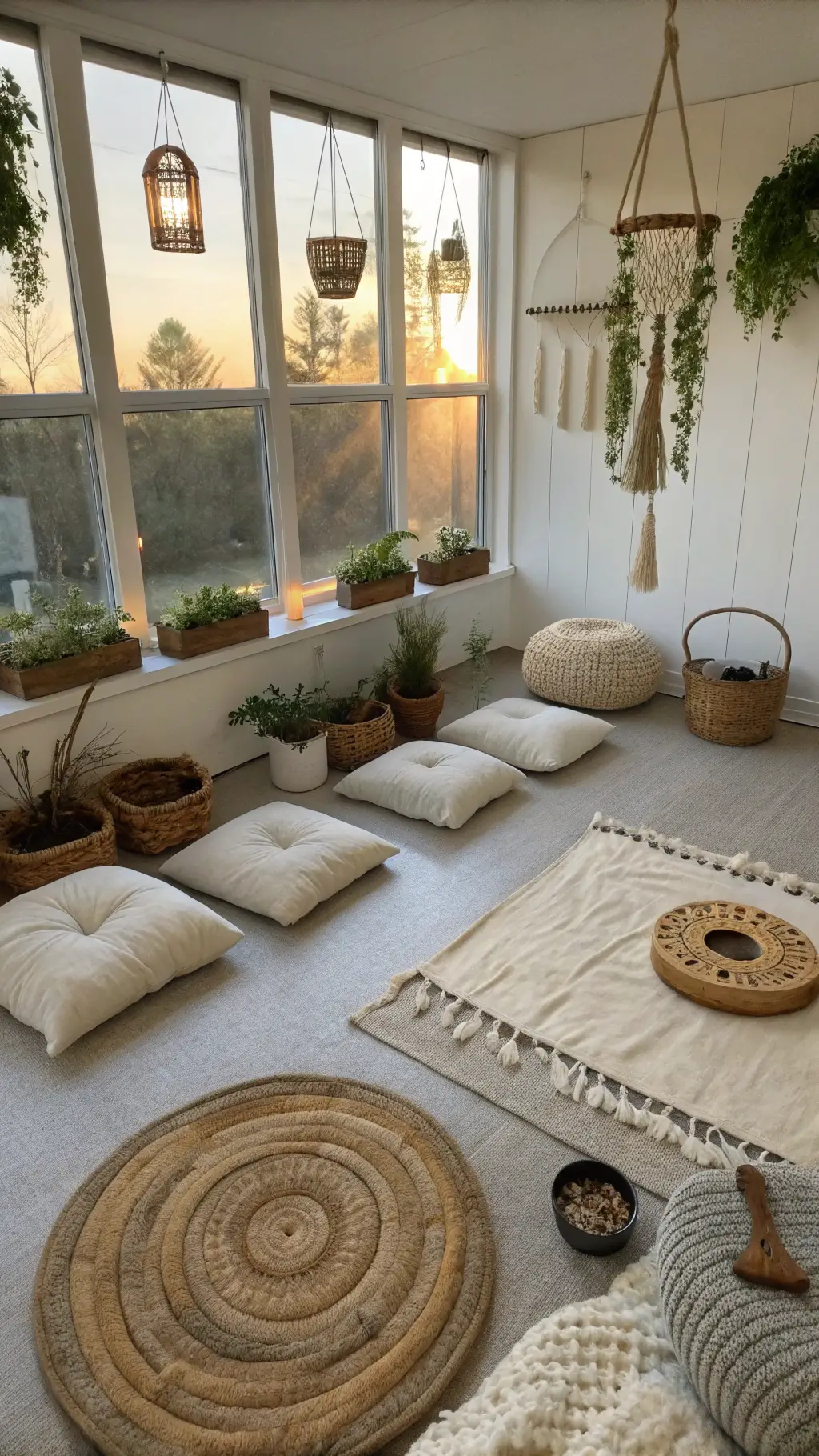 Aerial view of a serene 8x8ft zen corner with natural linen floor cushions, woven baskets with blankets, hanging air plants, crystals and driftwood incense holder in the warm dawn light.