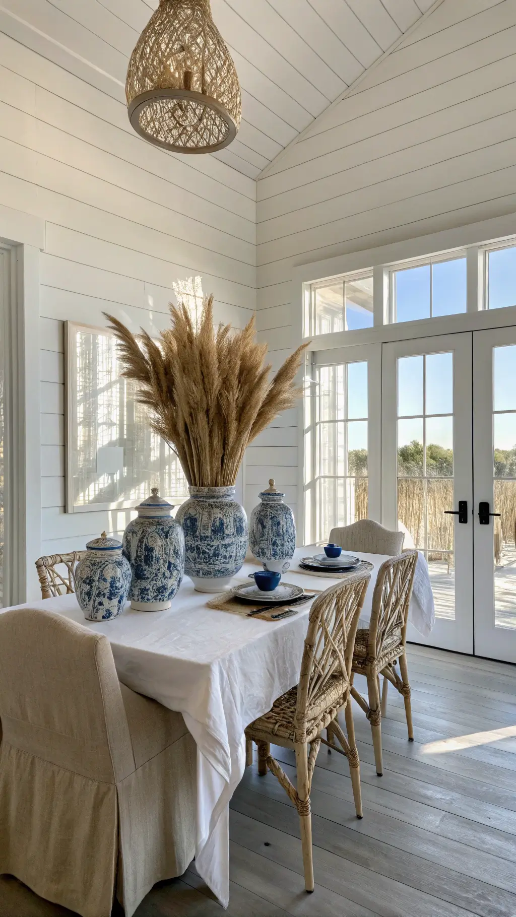 Elegant 14x16ft coastal dining room bathed in afternoon sunlight, decorated in natural linen and white shiplap accents with blue and white ginger jars on the sideboard.
